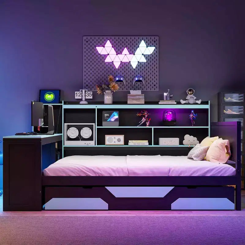 Full/Queen Gaming Daybed with Bookcase Headboard, LED Lights, Integrated Desk, Drawers and Charging Station