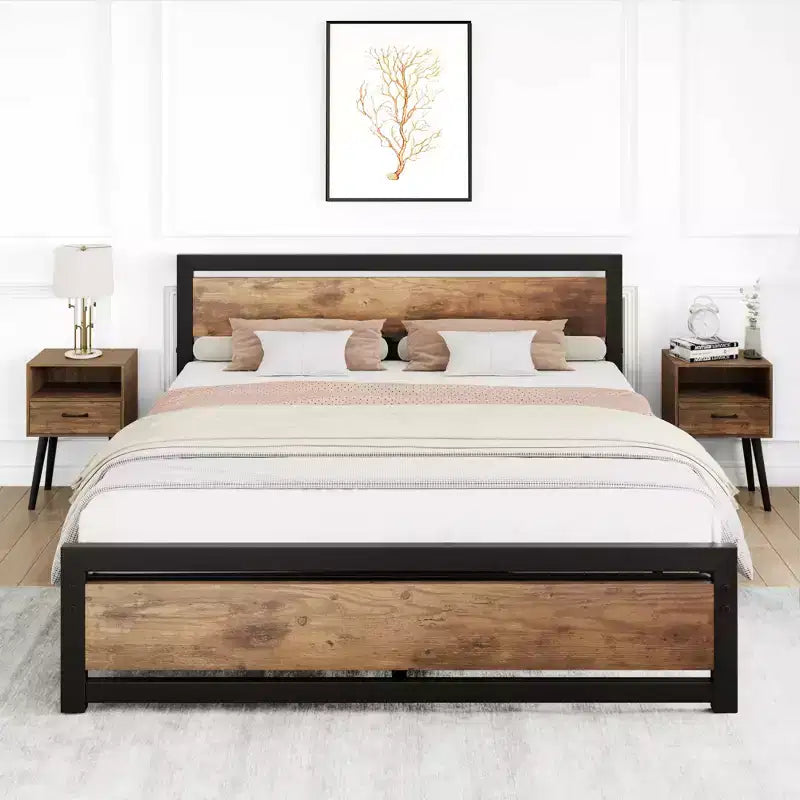 Heavy Duty Bed Frame with Headboard and Footboard, Metal Platform with 13.8 Storage, Noise Free & Tool-Free Assembly, Vintage Brown