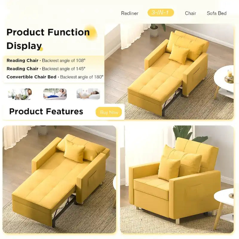 Adjustable Sleeper Chair Bed, 3-in-1 Convertible, Multiple Colors, Fits 1 Person