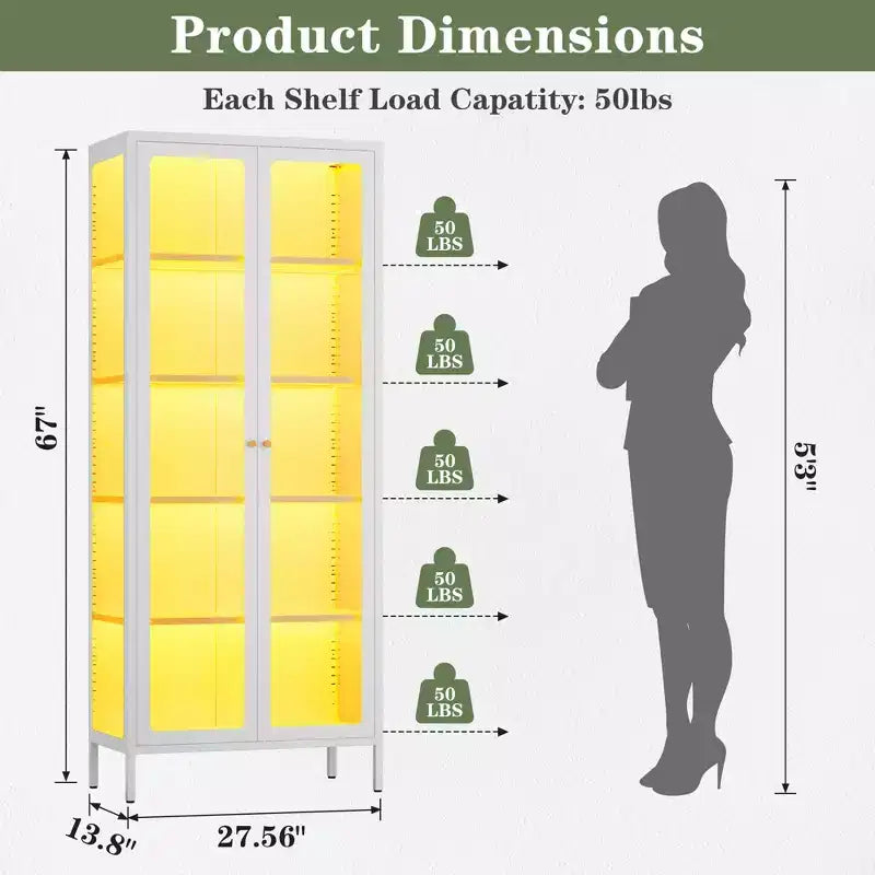 Bekrvio 67H 3-Side Glass Display Cabinet With LED Lights,5-Layer Storage with Double Doors and Metal Frame for Collectibles, Ideal for Small Spaces