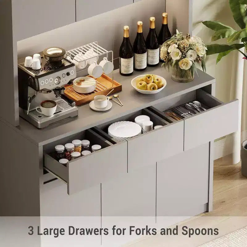 Armoire de cuisine de 71 pouces, vaisselier avec lumières LED et prises de courant, buffet avec support pour micro-ondes, étagères réglables