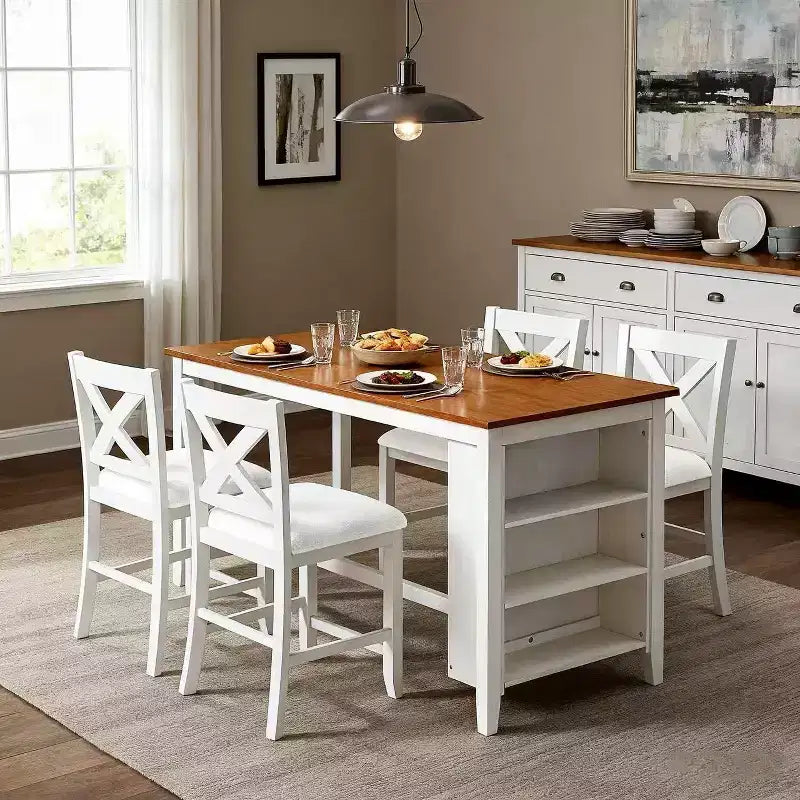 Homy Casa 5-Piece Counter-Height Dining Table and Chairs Set with Storage Shelves, White and Walnut  Modern Farmhouse Style