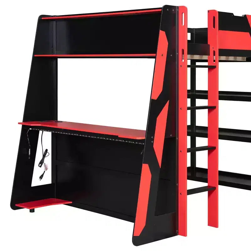 Luxystar Full Gaming Loft Bed with Desk, Storrage Shelves and Lights