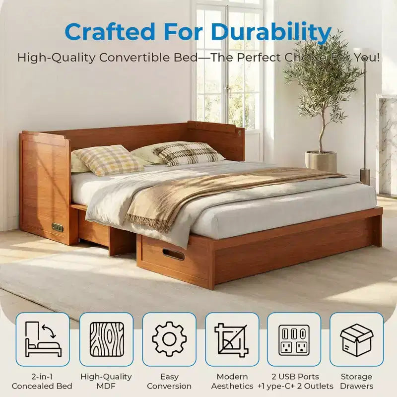 Mjkone Queen Size Convertible Murphy Cabinet Bed with USB Charging, Storage Drawers,No Mattress Included