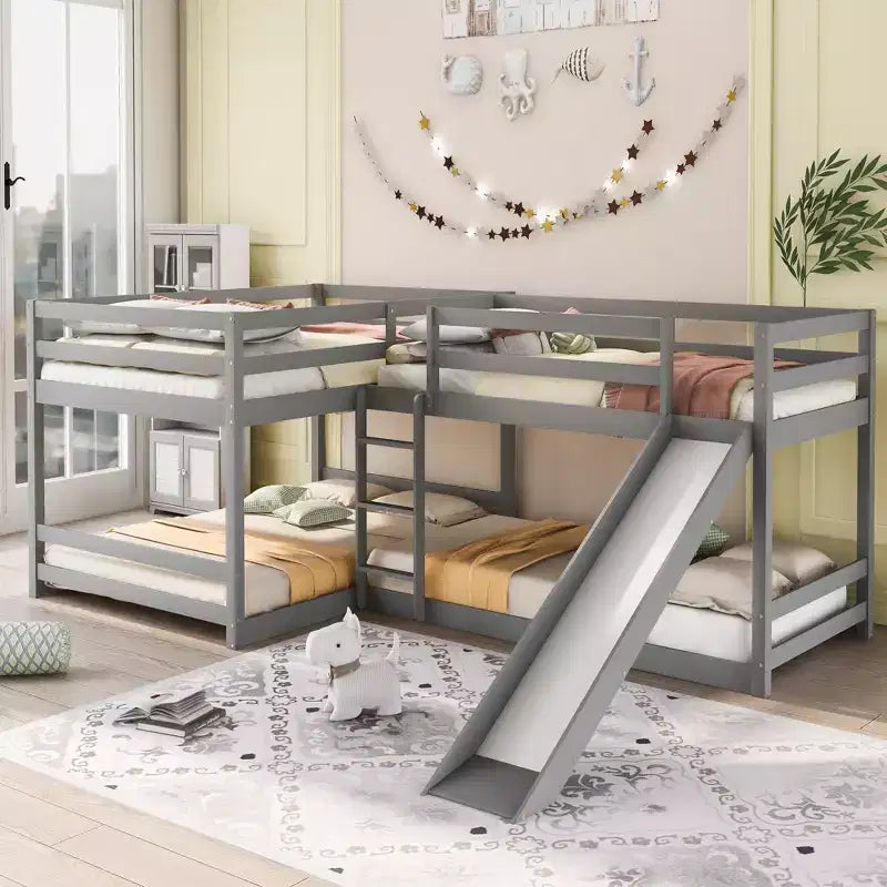 L Shaped Bunk Bed for 4 Kids, Quad Bunk Bed with Slide Full and Twin Wood Bunk Frame for Bedroom Dorm