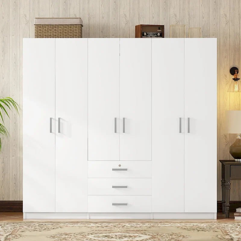 Armoire 6 portes en bois avec 3 grands tiroirs de rangement pour chambre à coucher