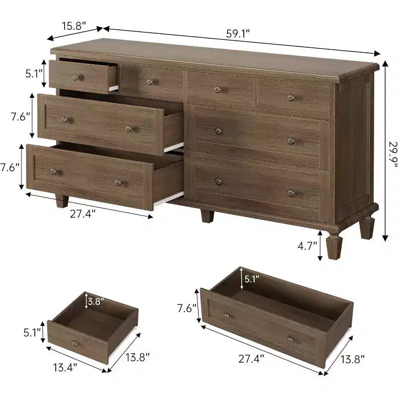 8 Drawer Dresser for Bedroom, Vintage 59 Dresser TV Stand with Carved Handles and Tapered Legs, Wood Chests of Drawers with Large Capacity Storage