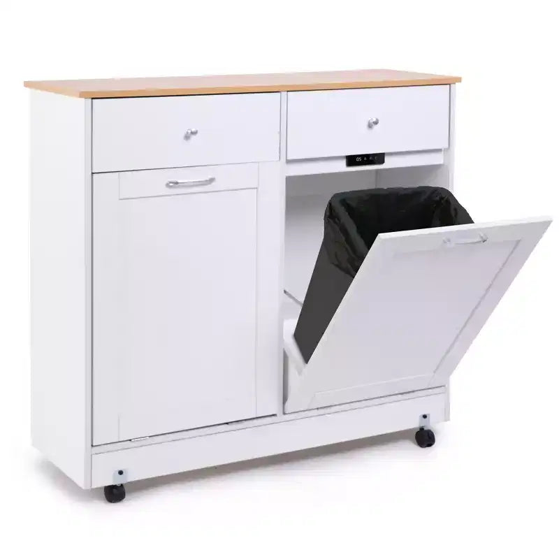 EROMMY Double Tilt Trash Cabinet with 2 Drawers, Trash Cabinet with Storage on Wheels,white