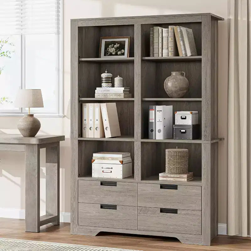 72 Tall Bookcase with 4 Drawers, Farmhouse Freestanding Storage Bookshelf for Bedroom, Living Room, Home Office
