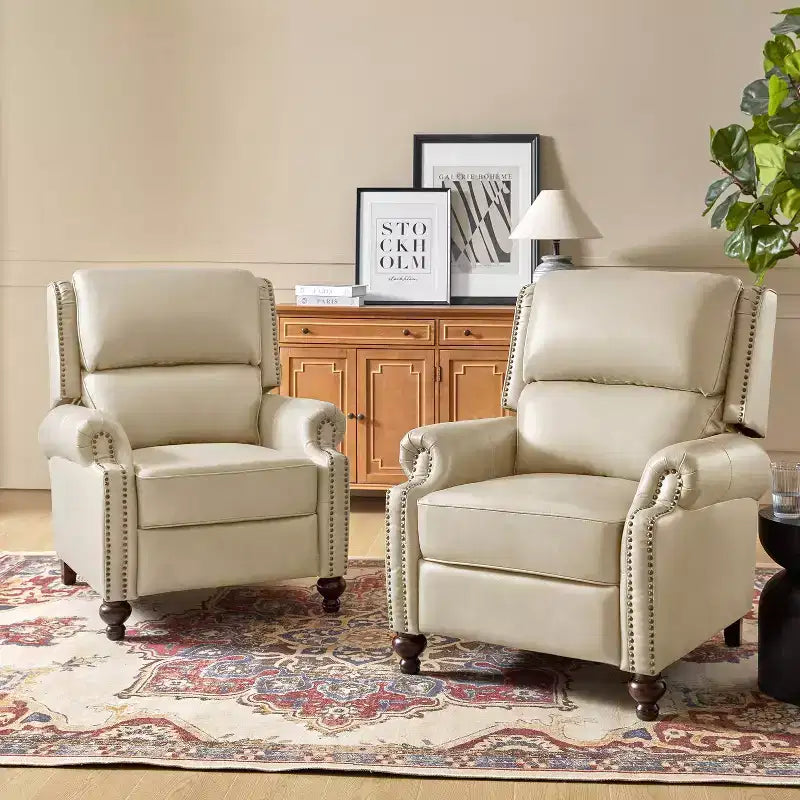 Set of 2 Elisabete Modern Wingback Genuine Leather Recliner with Vintage Nail Head Trim for Living Room and Bedroom| ART OF LIVING DESIGNS