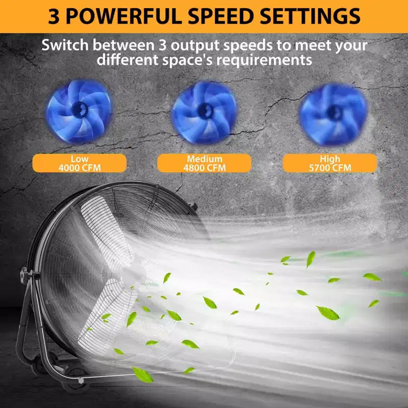 Floor Fan, Industrial Fan - 24 Inch Heavy Duty Drum Fan with 4 Speeds, Metal Air Circulator for Warehouse, Workshop, Garage, Factory, Basement