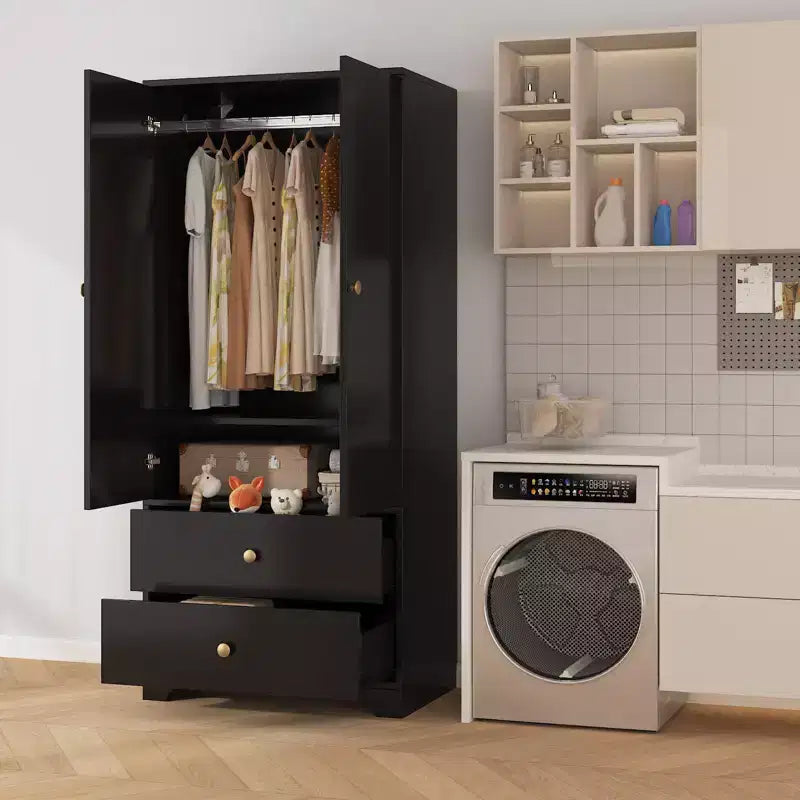 71 Inch Modern Wooden Bedroom Armoire Wardrobe Closet with 2 Doors 2 Drawers Adjustable Shelves Clothing Storage Cabinet and Hanging Rod
