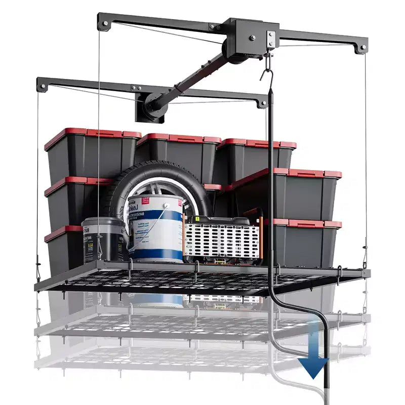 Adjustable Heavy-Duty Overhead Garage Storage Rack, Ceiling-Mounted with Safety Lock, 250 lb Capacity for Bins, Tools, Bikes, and Garage
