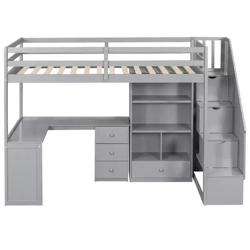 Twin Size Loft Bed with L-Shaped Desk, 3 Drawers, Cabinet, Staircase Storage, Solid Pine/MDF Build