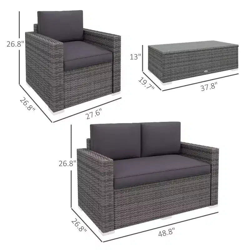 4 Pieces Rattan Sofa Set Wicker Patio Sofa Set with Loveseat Chairs Glass Top Coffee Table for Garden Outdoor