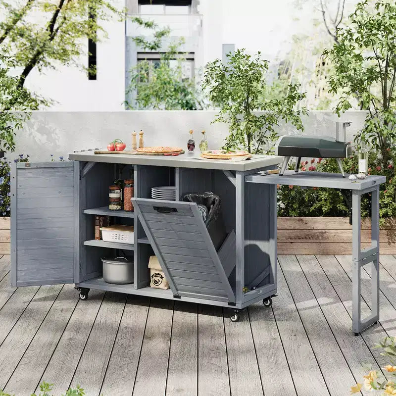 FAMYYT 78.3-Inch Outdoor Kitchen Island with Stainless Steel Countertop, Foldable BBQ Station, and Storage Cabinets, Grey Blue