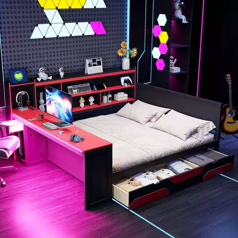 Lit de repos de jeu double/grand avec tête de lit bibliothèque, lumières LED, bureau intégré, tiroirs et station de charge