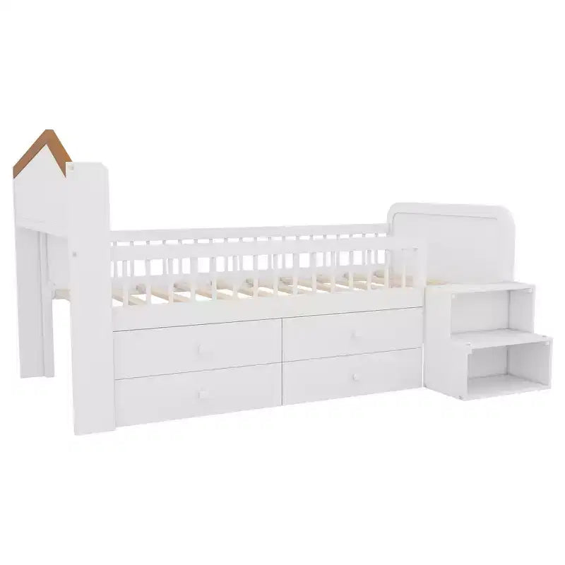 Whisen Low Twin Loft Bed with LED Lights, House Shape Headboard & Storage Drawers, Solid Construction