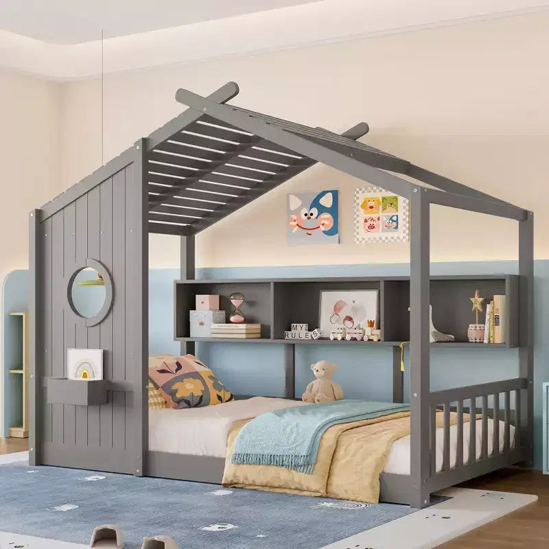 Floor House Bed with Built-In Storage Shelves & Slatted Roof