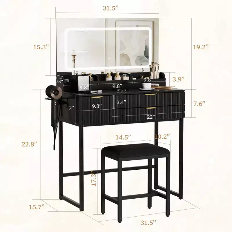 Vanity Desk with Mirror and Lights, LED Lighted Mirror Design, Ample Storage Drawers for Cosmetics and Toiletries Organization