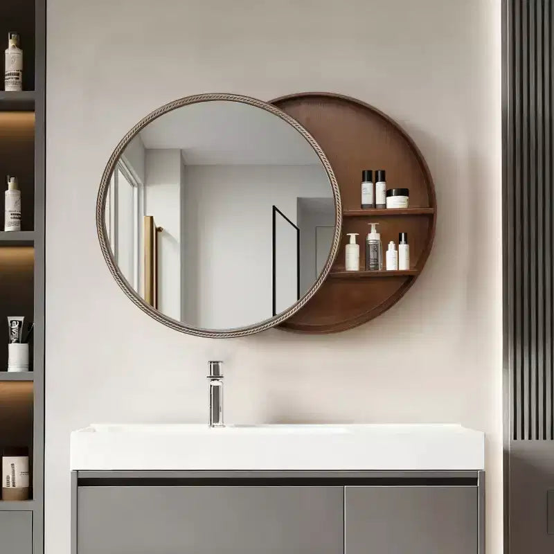 23.6 Modern Sliding Round Wall Mirror with Storage, Space-Saving Vanity Mirror for Bathroom, Accent Mirror for Living Room