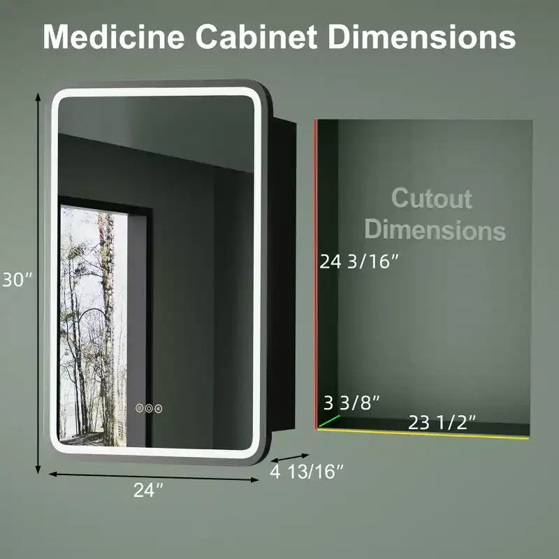 Black / White / Gold LED Medicine Cabinet, Single Door, Left or Right Hinge, Recessed or Wall-Mounted