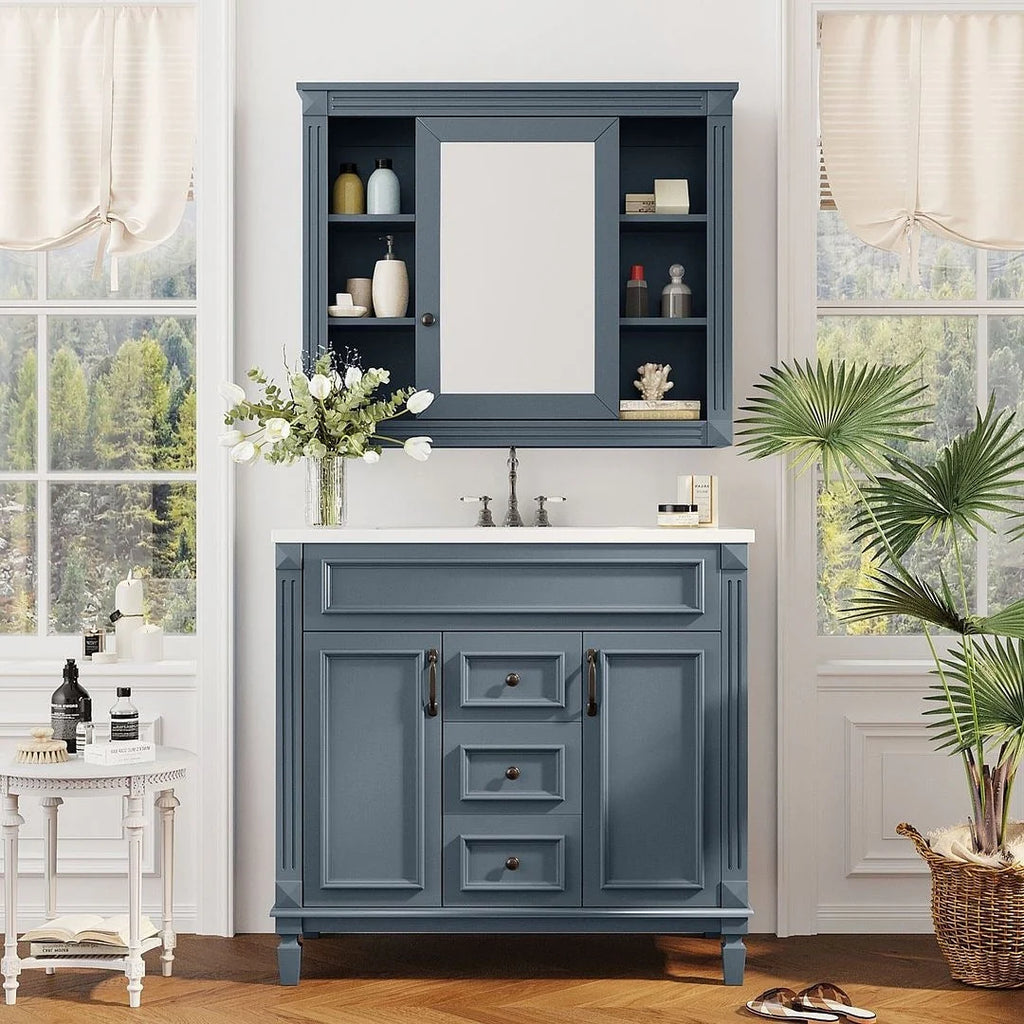 36'' Modern Bathroom Vanity with Top Sink and Mirror Cabinet,2 Doors and 2 Drawers