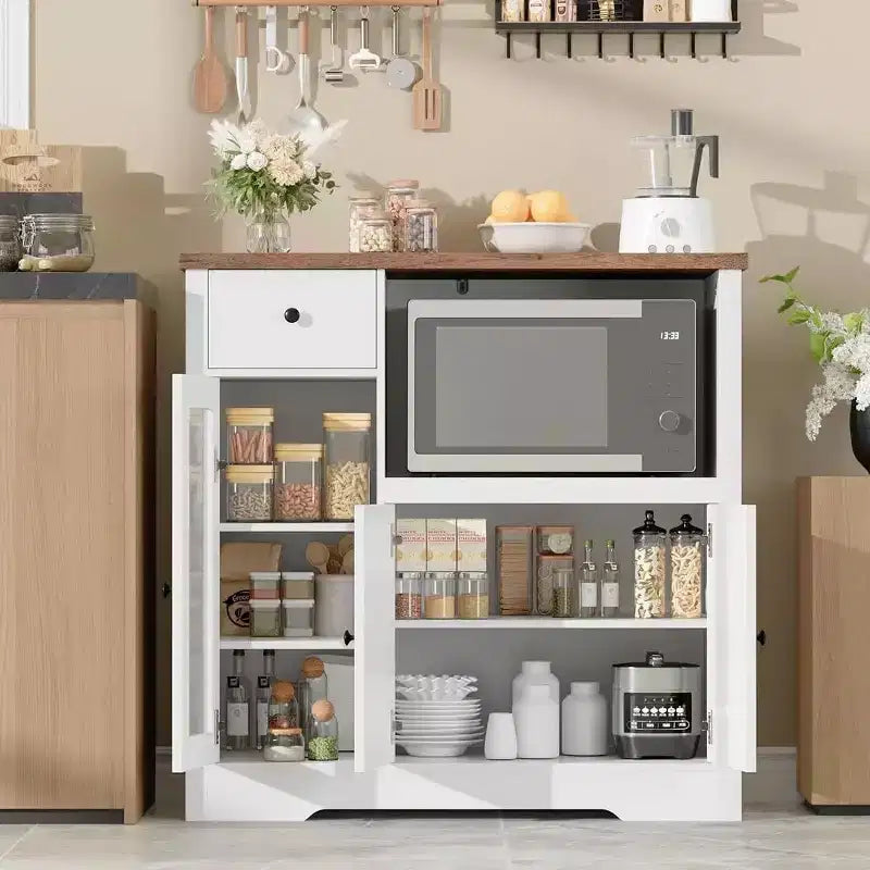 Kitchen Microwave Cabinets with Storage,with 3 Doors,1 Drawer and Adjustable Shelves, Pantry Storage Cabinet