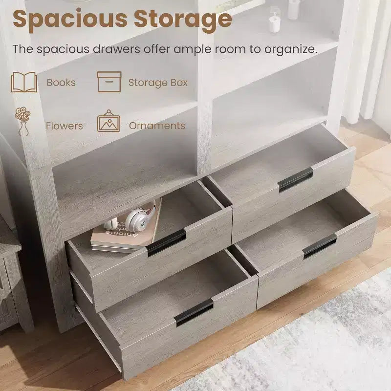 72 Tall Bookcase with 4 Drawers, Farmhouse Freestanding Storage Bookshelf for Bedroom, Living Room, Home Office