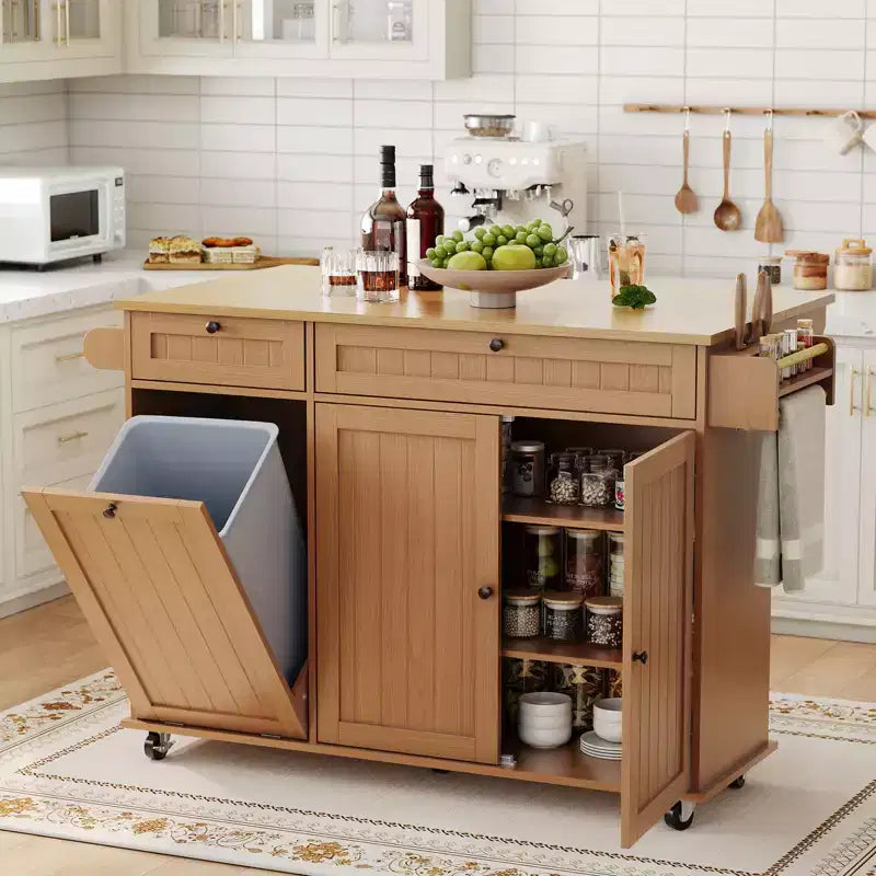 55 Mobile Island Table with Power Outlet & Drop Leaf, Kitchen Rolling Island Kitchen Island Cart with Trash Storage Cabinet for Kitchen
