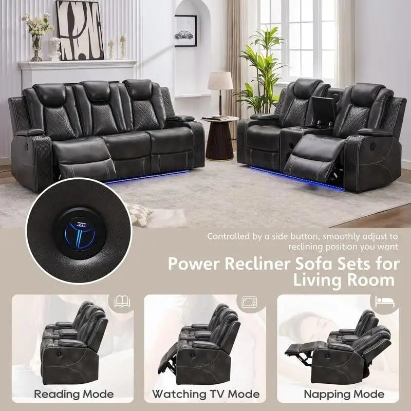 Power Reclining Sofa with Wireless Charger,Reading Light for Living Room,Faux Leather LED Light,AC/USB Port,Cup Holder,Black
