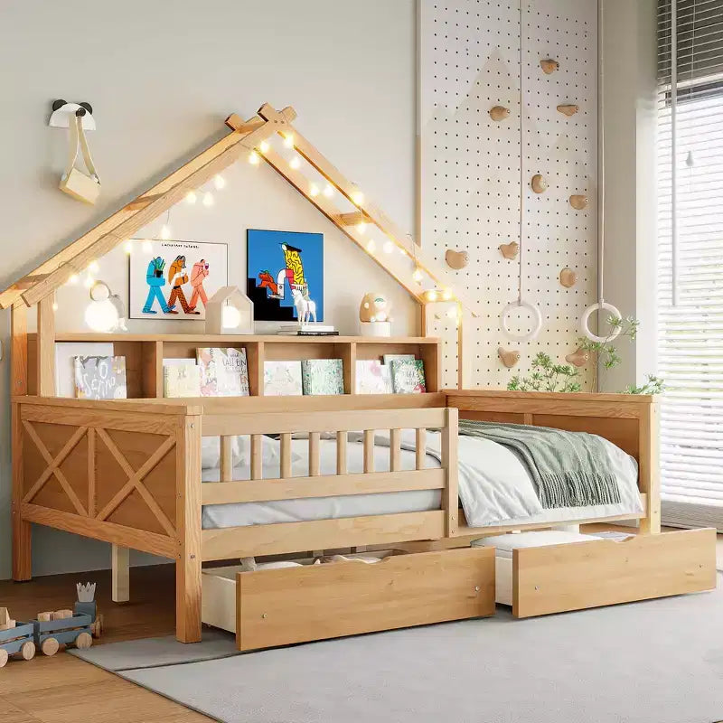 Full Size House Bed Frame with Drawers, House Platform Bed with LED Lights, Storage Shelves & Drawers, Wood Daybed with Roof and Guardrail