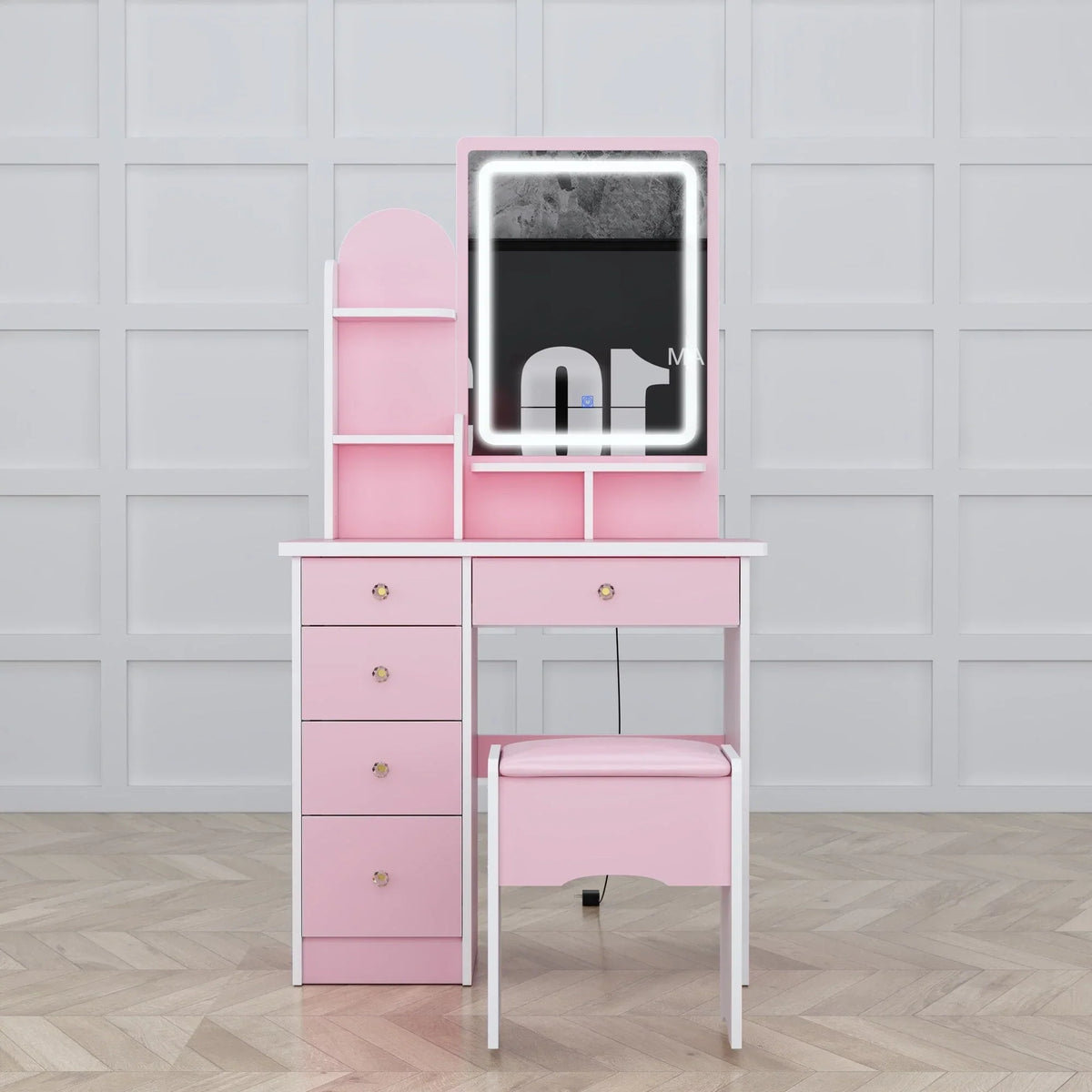 Coiffeuse avec miroir LED intégré et tabouret