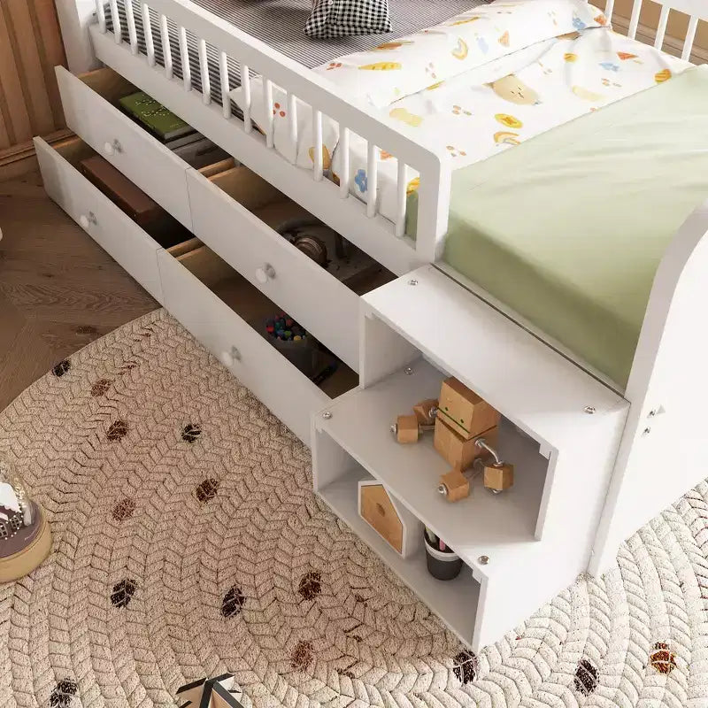 Whisen Low Twin Loft Bed with LED Lights, House Shape Headboard & Storage Drawers, Solid Construction