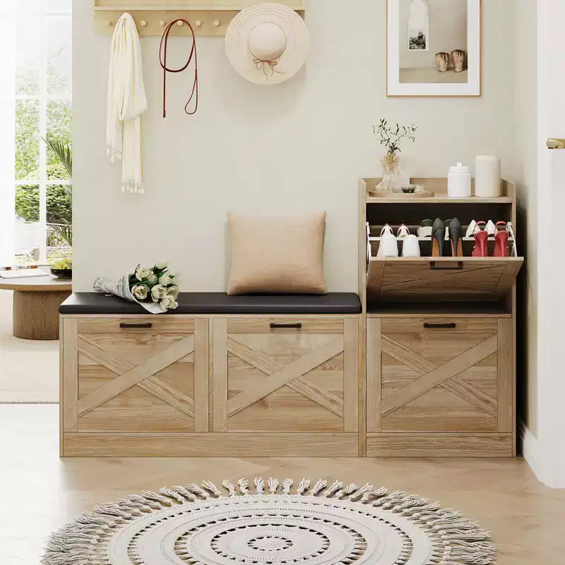 Bench with 4 flip-up drawers and padded seat cushion, Wooden narrow shoe storage rack, Suitable for living room entryway bench