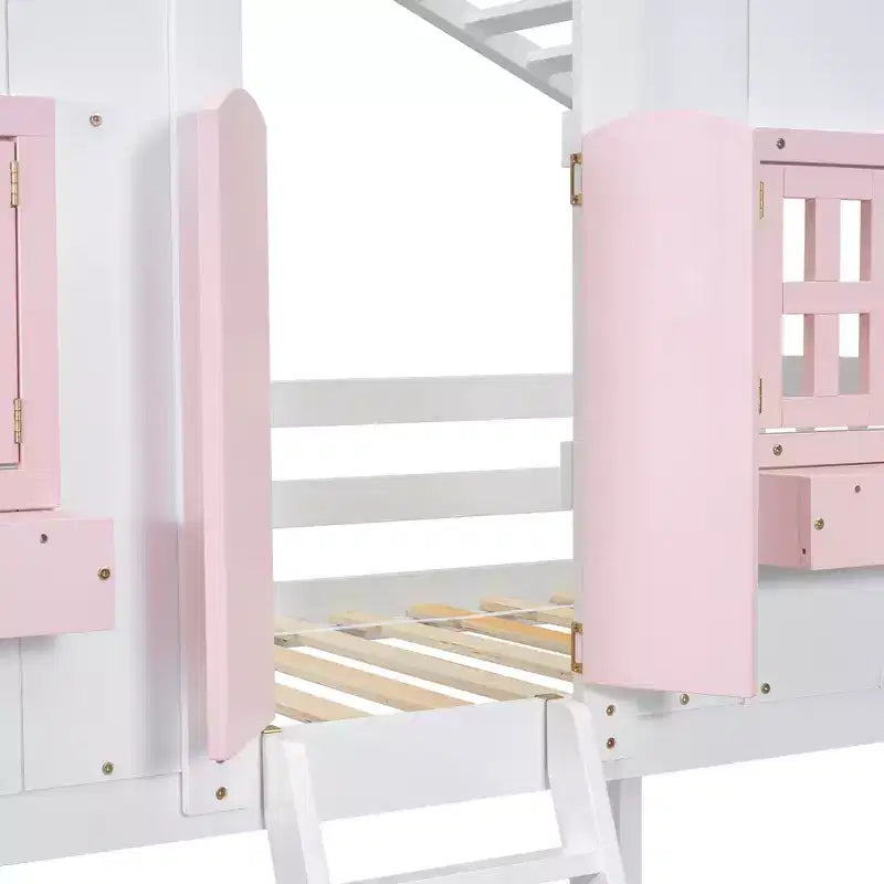 Twin Size House-Shaped Loft Bed, Wood Playhouse Loft Bed with Ladder & Guardrails for Kids