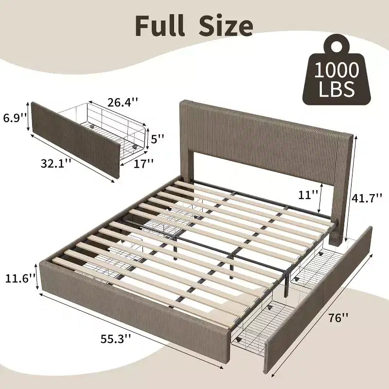 CuisinSmart Corduroy Bed Frame with Headboard, Platform Upholstered Bed Frame with 4 Storage Drawers and Wooden Slats Support