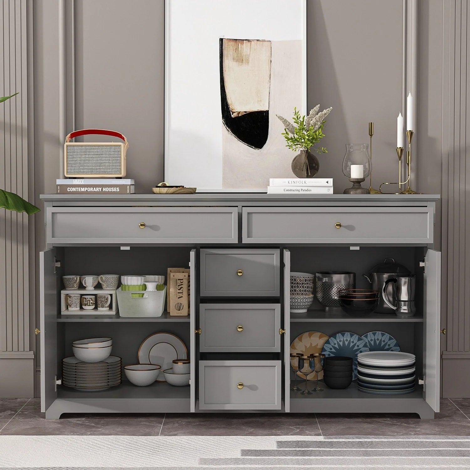 Buffet bahut 150 cm blanc laqué moderne contemporain du milieu du siècle