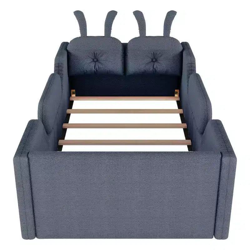 Whisen Twin Platform Bed, Kids Floor Upholstered Bed Frame with Rabbit Cushion, Removable Side Rails