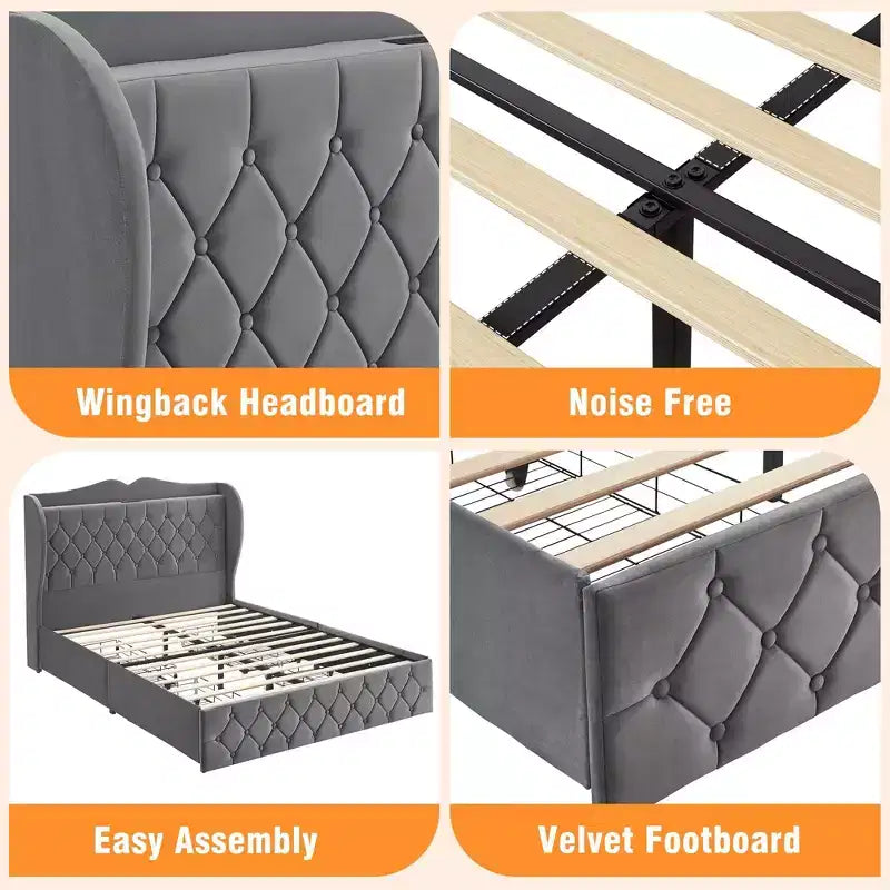 Bed Frame with 4 Storage Drawers and Charging Station, Velvet Button Tufted Upholstered Platform Bed with Tall Headboard and Storage Shelf