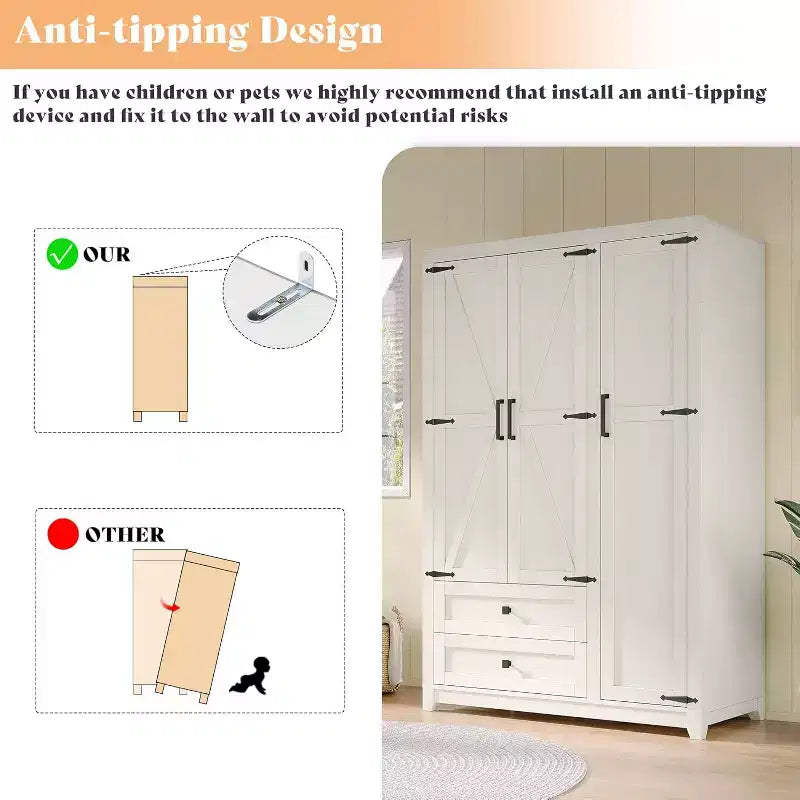 AMERLIFE 47 Farmhouse Wardrobe Armoire with 3 Doors, 2 Drawers, Hanging Rod & Adjustable Shelves, Freestanding Closet Organizer