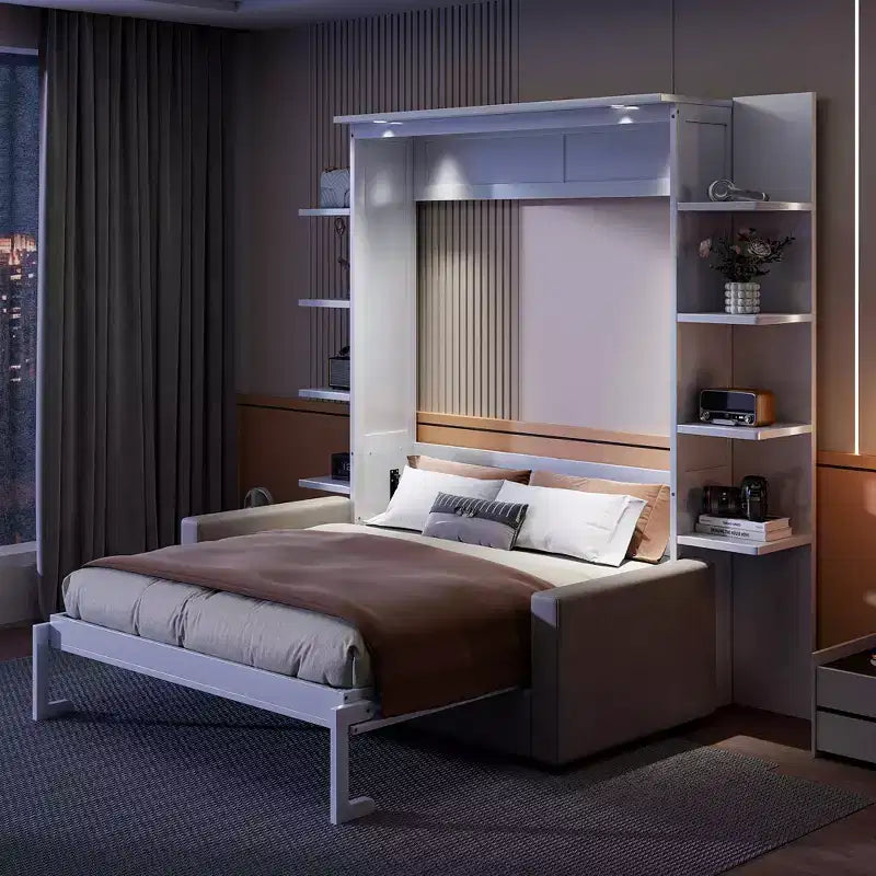 Whisen Modern Design Wood Frame Queen Size Murphy Bed Wall Bed with Sofa and Shelves