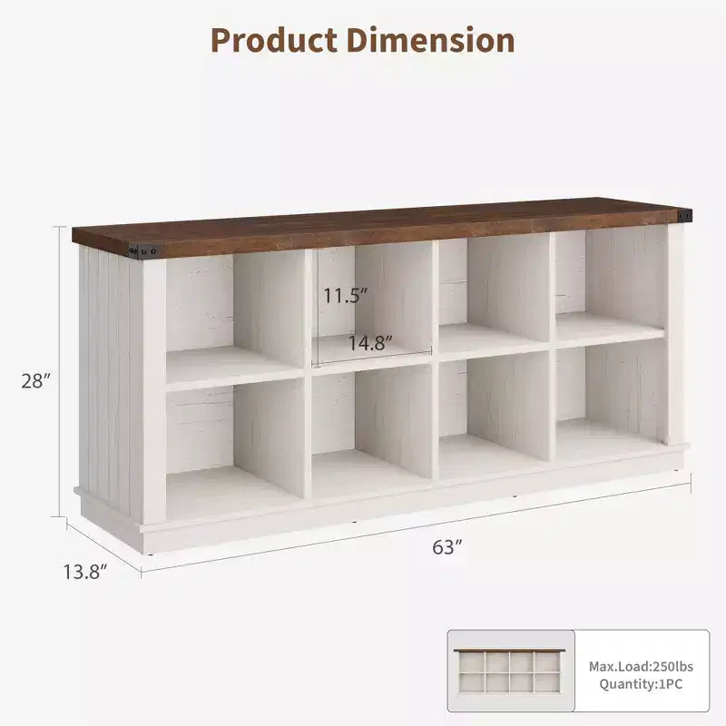 Étagère de rangement à 8 cubes, bibliothèque horizontale de style ferme, bibliothèque de rangement en bois de 157 cm pour entrée, étagères basses et longues pour salon