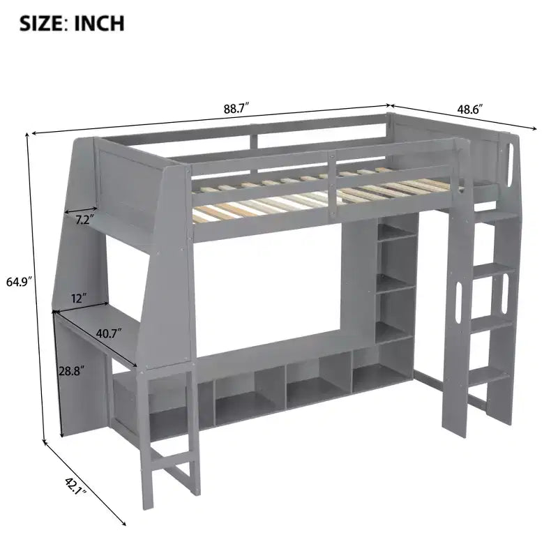 Whisen Wood Twin Size Gaming Loft Bed with Desk, Multi-storage Shelves, LED and a Hanging Clothes Rack