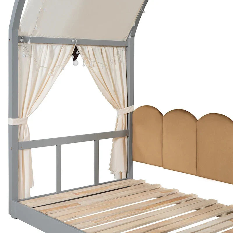 Solid Wood Playhouse Platform Bed Floor Montessori Bed Frame with Arched Roof and Trundle for Girls and Boys
