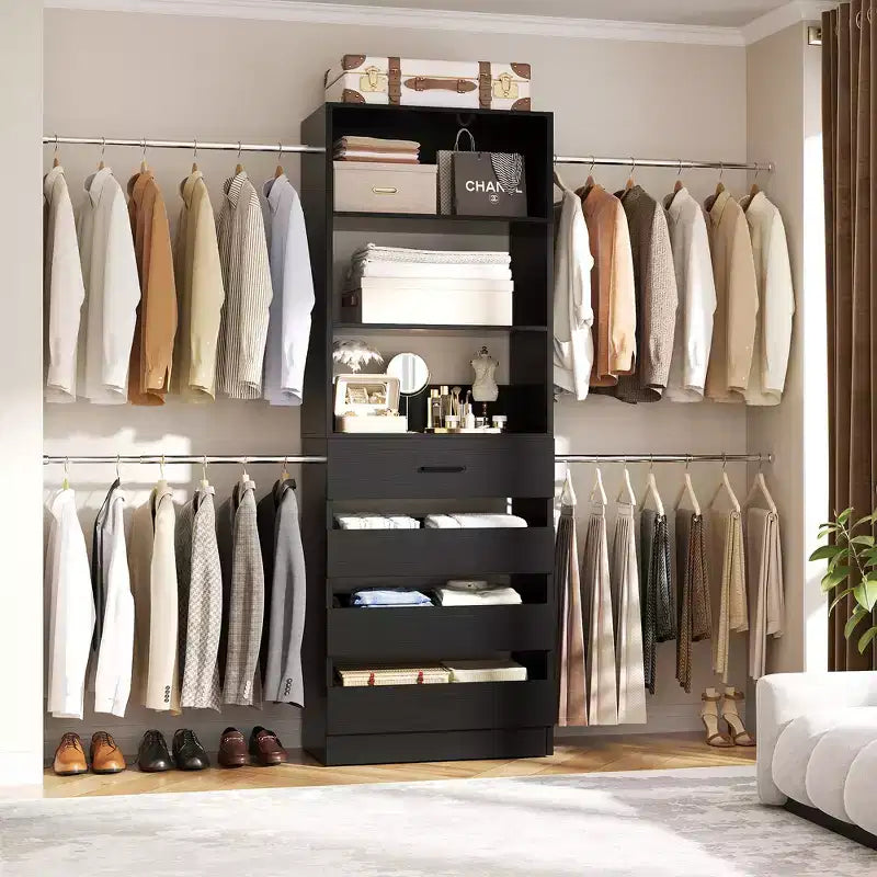 Besiost 4-9 Ft Wooden Closet Organizer System with 4 Drawers, 4 Hanging Rods & Shelving Towers