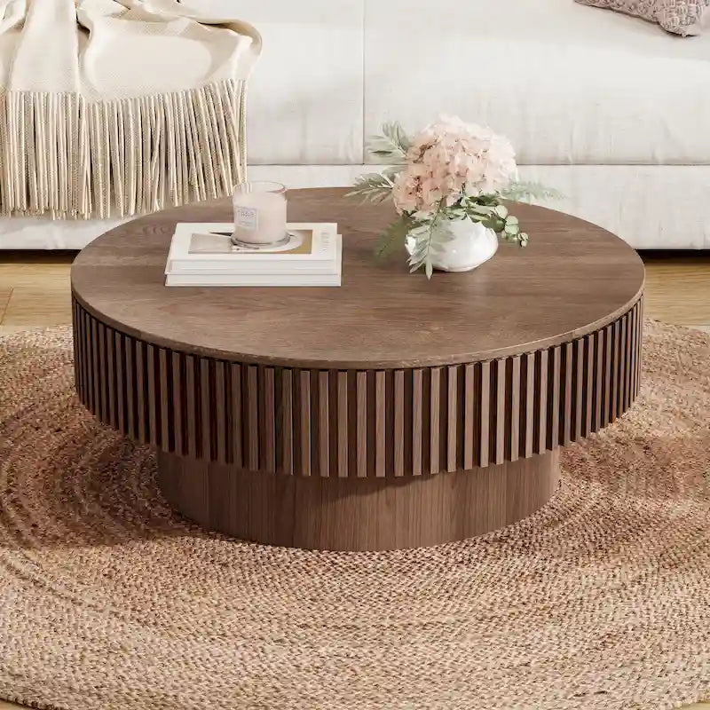 Table basse/de salon ronde moderne plaquée en bois massif avec rangement