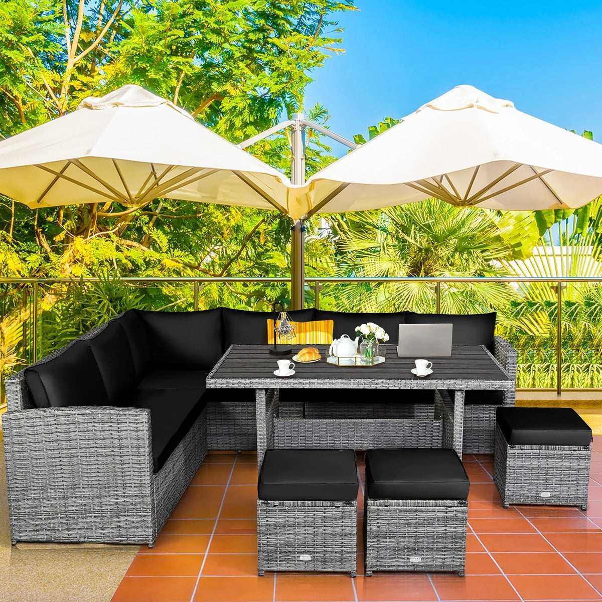 Costway 7 PCS Patio Rattan Dining Set Sectional Sofa Couch Ottoman - See Details