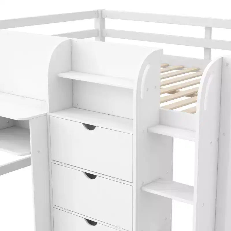 Pink/White Low Loft Bed with Desk, Storage & Whiteboard – Twin, 1-Person