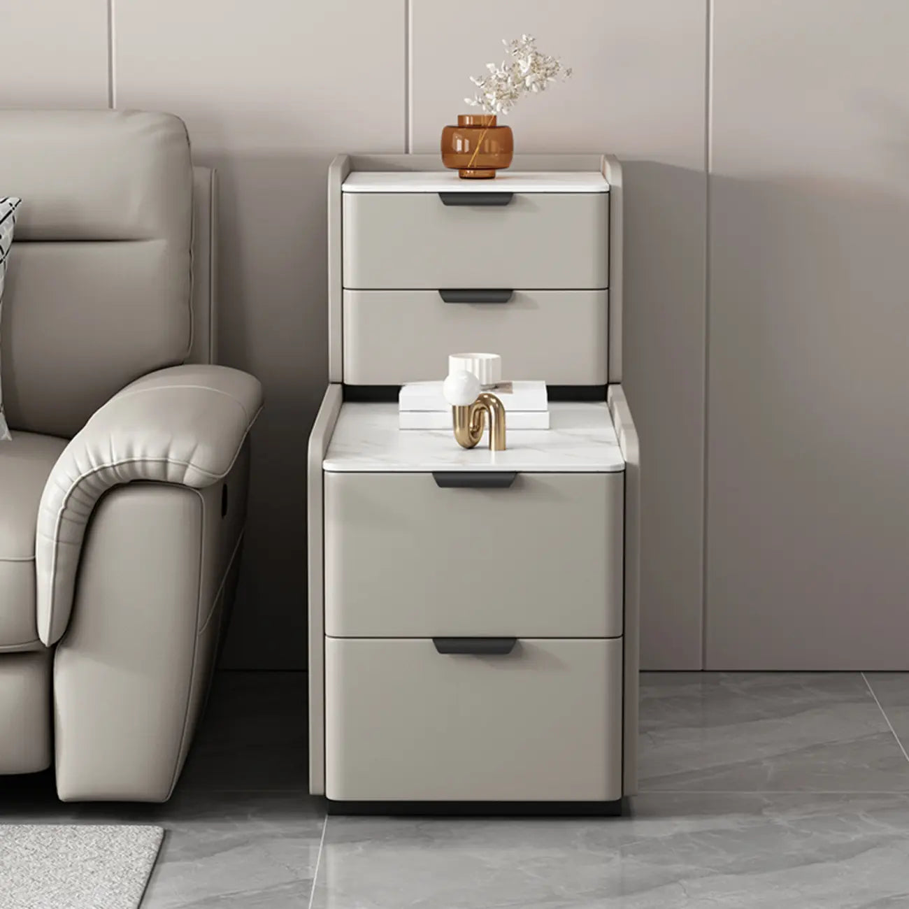 Tall 4-Drawer Stone Top Wooden L-Shaped Sofa End Table